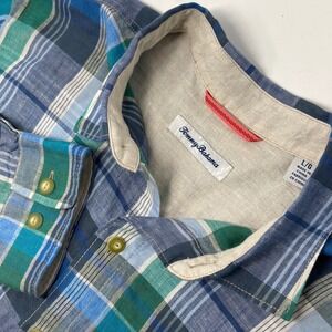 Tommy Bahama 100% Linen Plaid Shirt Men's L Blue Green Long Sleeve Madras